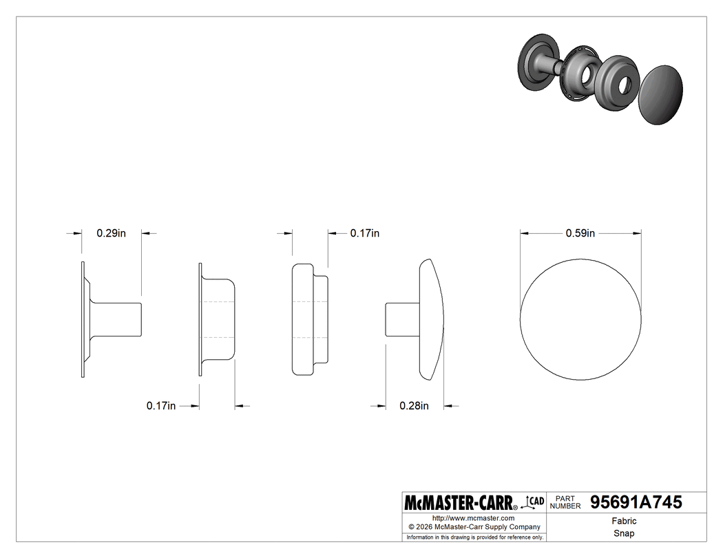Technical Drawing of Fabric Snap, Nickel-Plated Brass, 9/16" Snap Diameter.